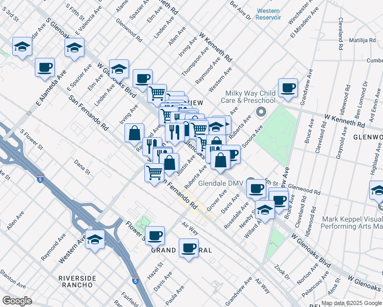 map of restaurants, bars, coffee shops, grocery stores, and more near 1612 West Glenoaks Boulevard in Glendale