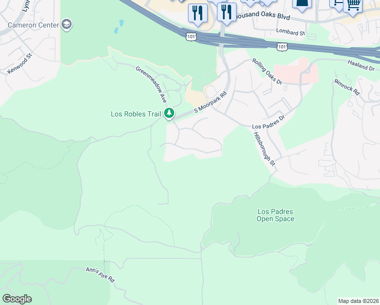 map of restaurants, bars, coffee shops, grocery stores, and more near 88 Pinecrest Road in Thousand Oaks
