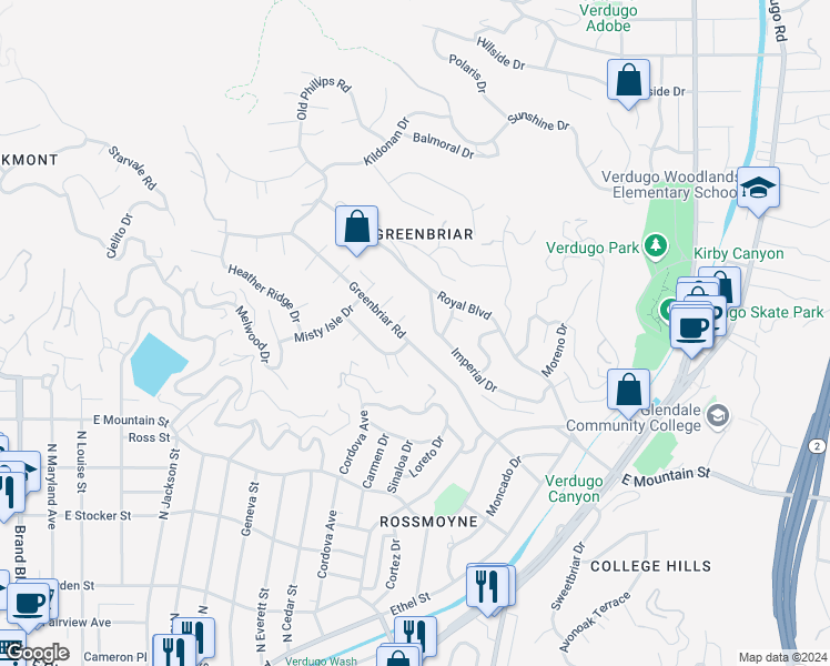 map of restaurants, bars, coffee shops, grocery stores, and more near 1500 Greenbriar Road in Glendale