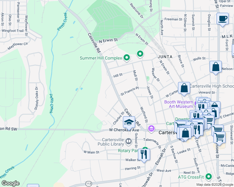 map of restaurants, bars, coffee shops, grocery stores, and more near Georgia 293 in Cartersville
