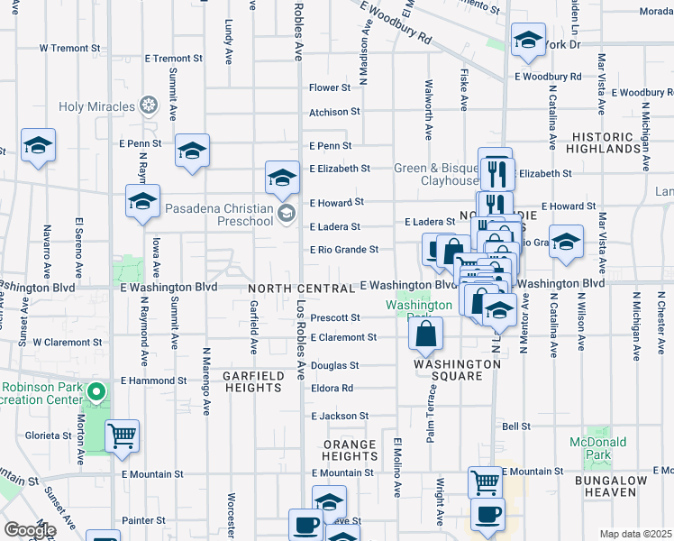 map of restaurants, bars, coffee shops, grocery stores, and more near 518 East Rio Grande Street in Pasadena