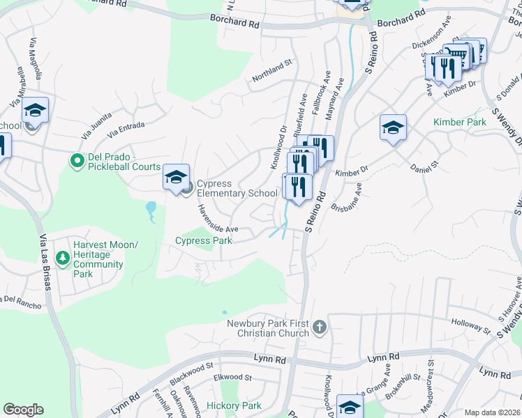 map of restaurants, bars, coffee shops, grocery stores, and more near 3889 Angeline Street in Thousand Oaks