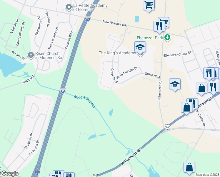 map of restaurants, bars, coffee shops, grocery stores, and more near 3504 Ross Morgan Drive in Florence