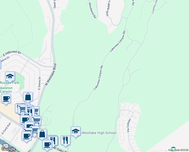 map of restaurants, bars, coffee shops, grocery stores, and more near 581 Lakeview Canyon Road in Westlake Village