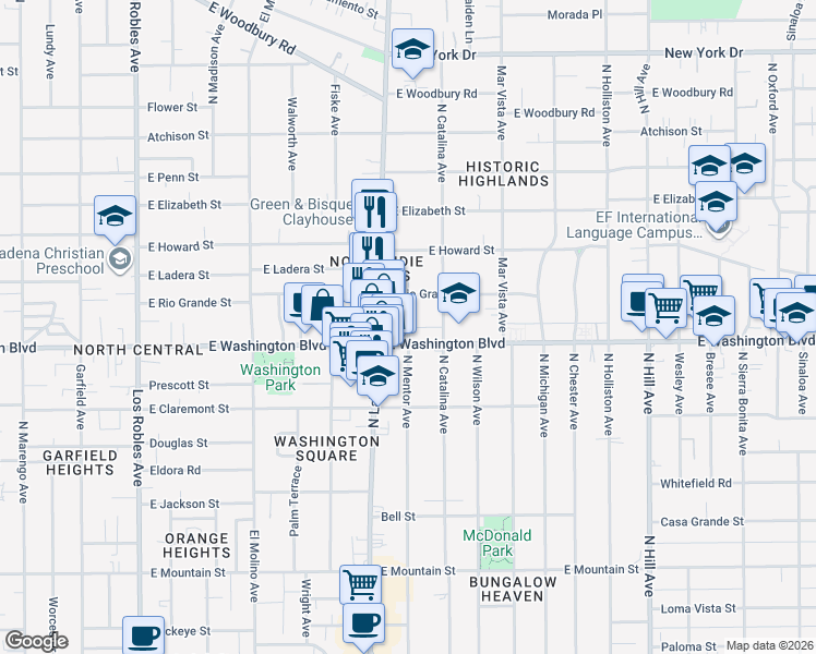 map of restaurants, bars, coffee shops, grocery stores, and more near 1375 North Mentor Avenue in Pasadena