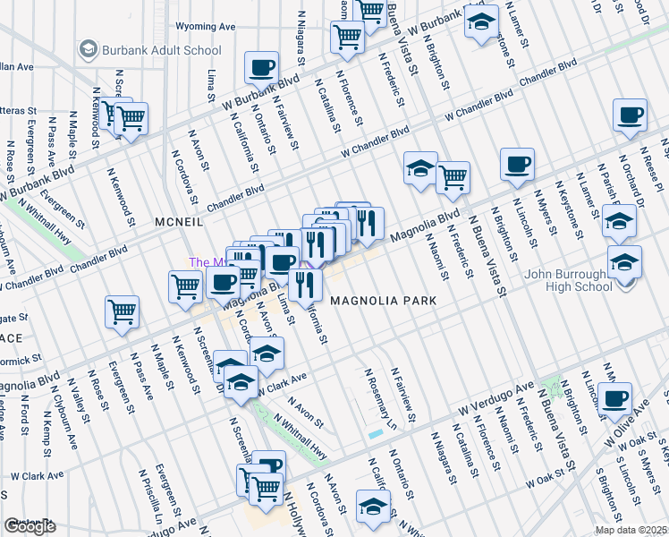 map of restaurants, bars, coffee shops, grocery stores, and more near 3103 West Magnolia Boulevard in Burbank