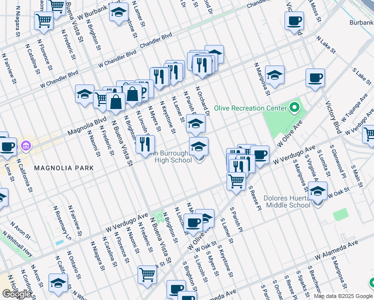 map of restaurants, bars, coffee shops, grocery stores, and more near 1920 West Clark Avenue in Burbank