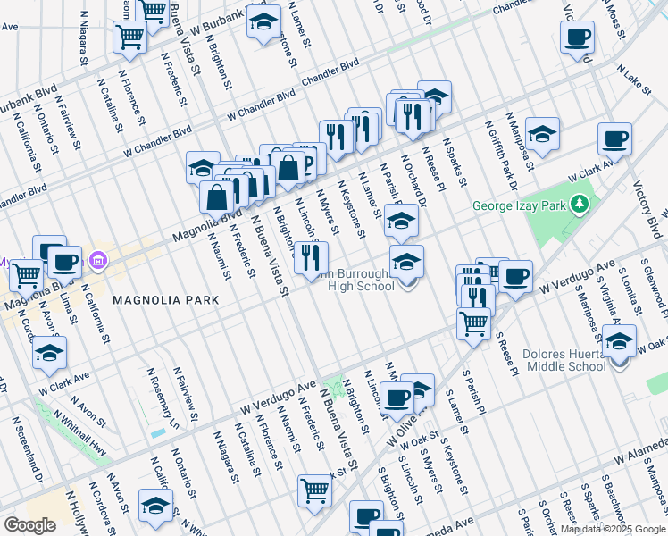 map of restaurants, bars, coffee shops, grocery stores, and more near 2219 West Clark Avenue in Burbank