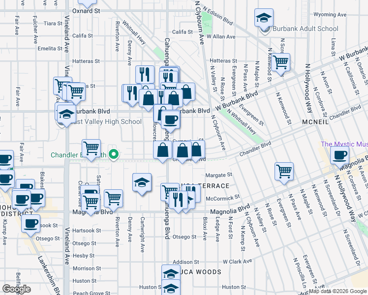 map of restaurants, bars, coffee shops, grocery stores, and more near 5430 Auckland Avenue in Los Angeles
