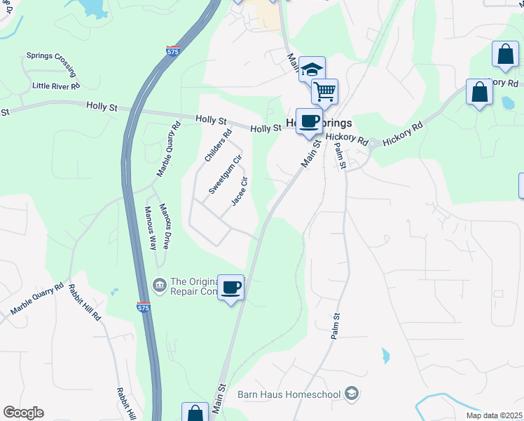 map of restaurants, bars, coffee shops, grocery stores, and more near 3072 Holly Springs Parkway in Holly Springs