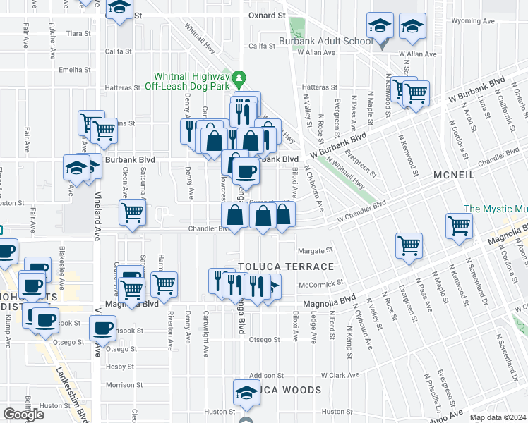 map of restaurants, bars, coffee shops, grocery stores, and more near 5430 Auckland Avenue in Los Angeles
