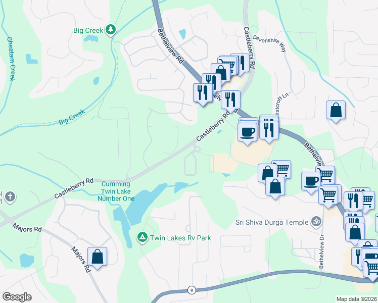 map of restaurants, bars, coffee shops, grocery stores, and more near 5840 Redstone Way in Cumming
