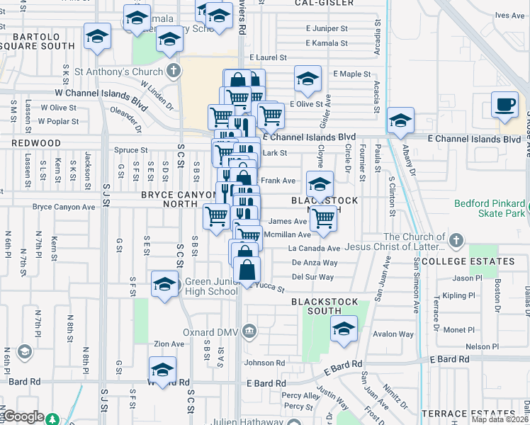 map of restaurants, bars, coffee shops, grocery stores, and more near 111 Thomas Avenue in Oxnard