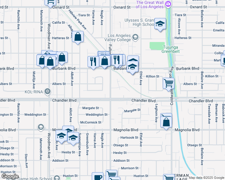 map of restaurants, bars, coffee shops, grocery stores, and more near 5432 Fulton Avenue in Los Angeles