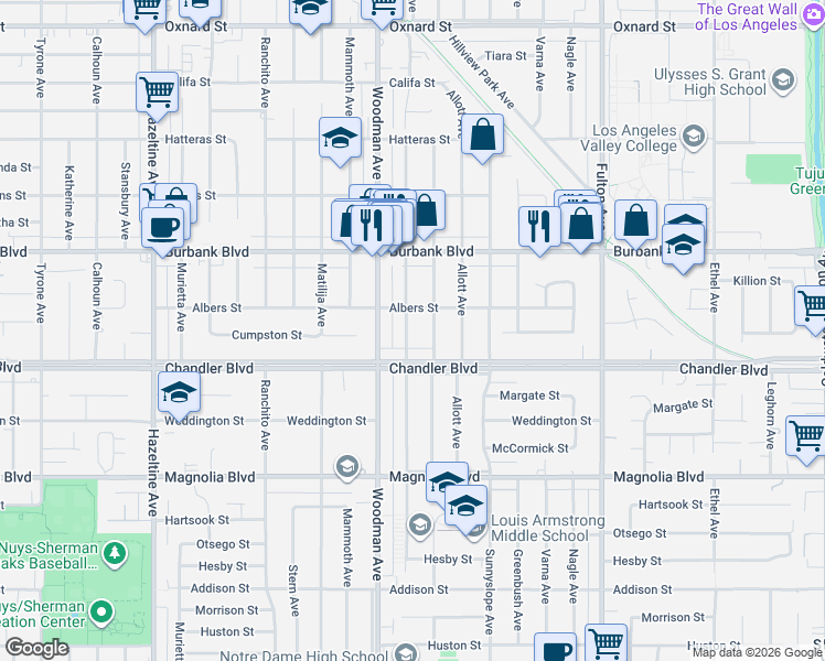 map of restaurants, bars, coffee shops, grocery stores, and more near 5432 Buffalo Avenue in Los Angeles