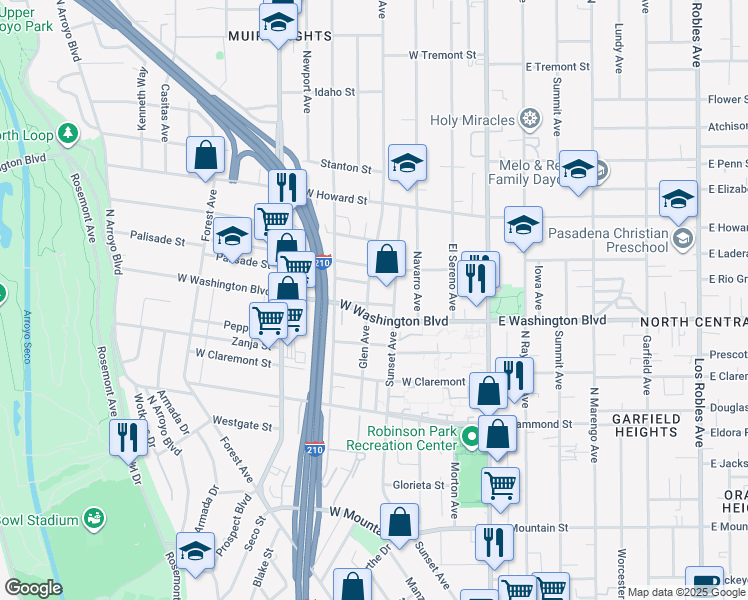 map of restaurants, bars, coffee shops, grocery stores, and more near 1407 Sunset Avenue in Pasadena
