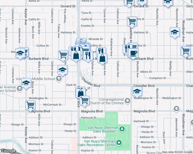 map of restaurants, bars, coffee shops, grocery stores, and more near 14336 Albers Street in Los Angeles
