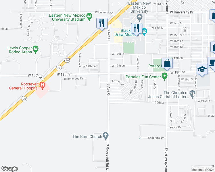 map of restaurants, bars, coffee shops, grocery stores, and more near 1920 South Avenue O in Portales