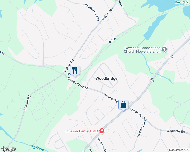 map of restaurants, bars, coffee shops, grocery stores, and more near 6162 Laurel Wood Trail in Flowery Branch