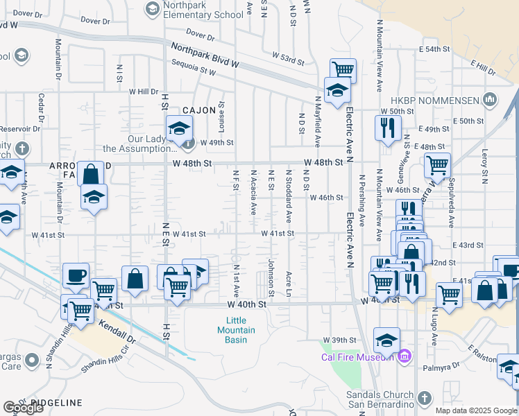 map of restaurants, bars, coffee shops, grocery stores, and more near 4555 North Acacia Avenue in San Bernardino
