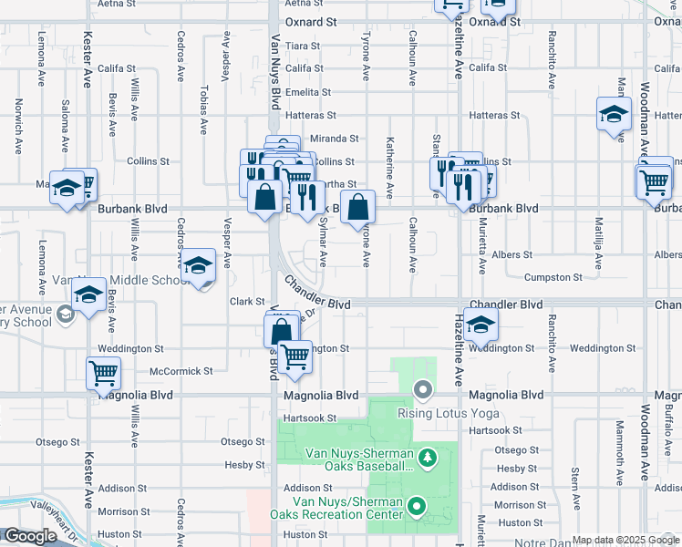 map of restaurants, bars, coffee shops, grocery stores, and more near 14347 Albers Street in Los Angeles