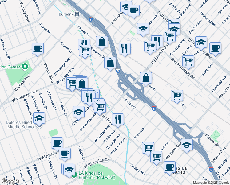 map of restaurants, bars, coffee shops, grocery stores, and more near 822 South Lake Street in Burbank