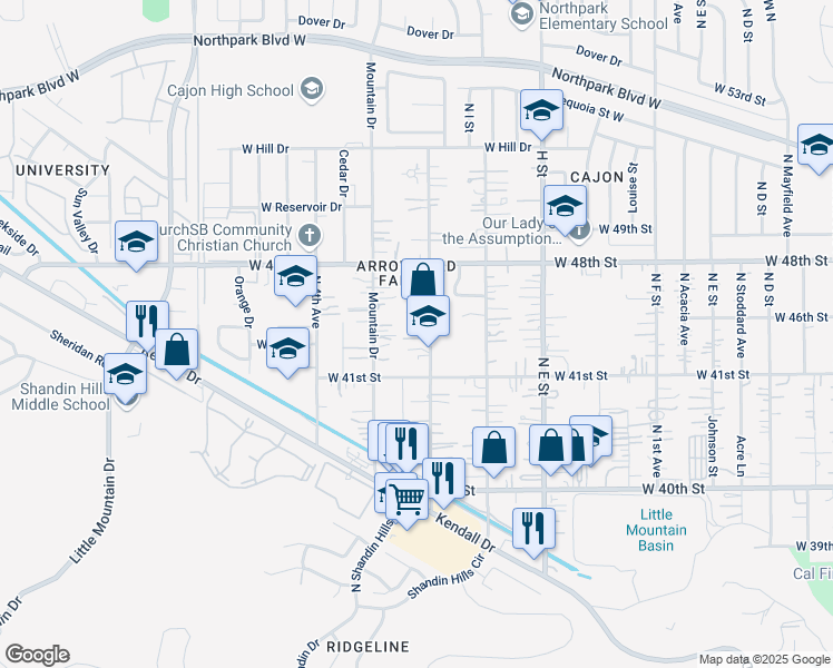 map of restaurants, bars, coffee shops, grocery stores, and more near 4160 North 3rd Avenue in San Bernardino County
