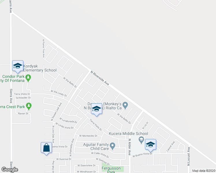 map of restaurants, bars, coffee shops, grocery stores, and more near 2440 West Sunnyview Drive in Rialto