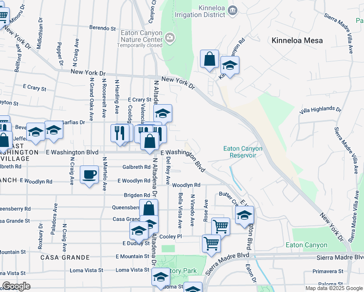 map of restaurants, bars, coffee shops, grocery stores, and more near 2587 East Washington Boulevard in Pasadena