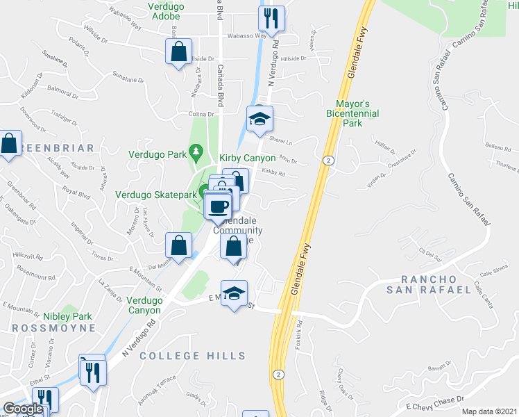 map of restaurants, bars, coffee shops, grocery stores, and more near 1570 North Verdugo Road in Glendale