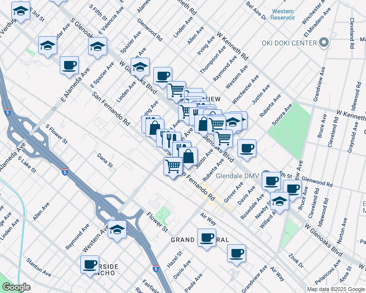 map of restaurants, bars, coffee shops, grocery stores, and more near 1049 Winchester Avenue in Glendale