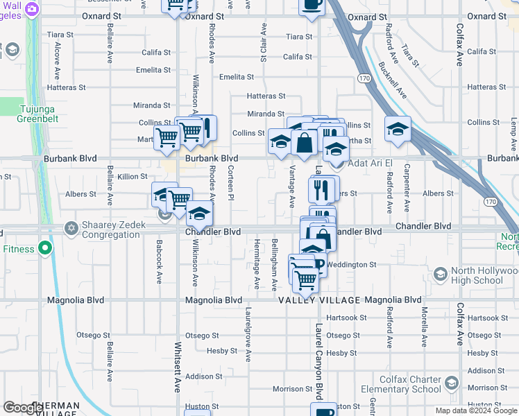 map of restaurants, bars, coffee shops, grocery stores, and more near 5449 Bellingham Avenue in Los Angeles