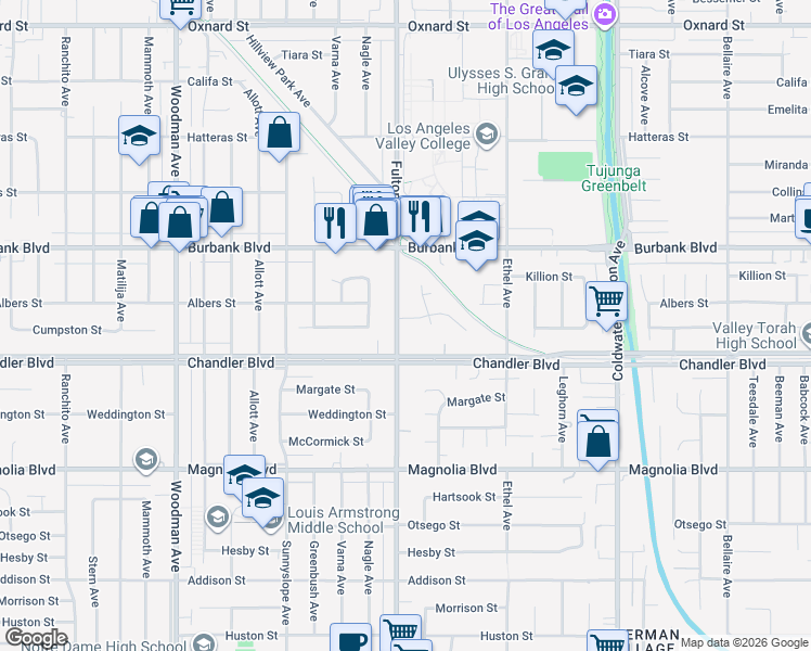 map of restaurants, bars, coffee shops, grocery stores, and more near 13265 Cumpston Street in Los Angeles