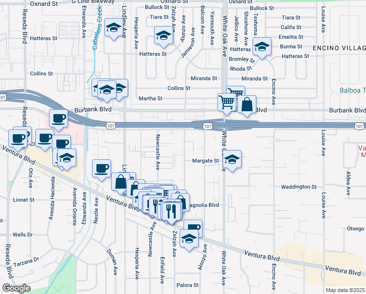 map of restaurants, bars, coffee shops, grocery stores, and more near 5455 Zelzah Avenue in Los Angeles
