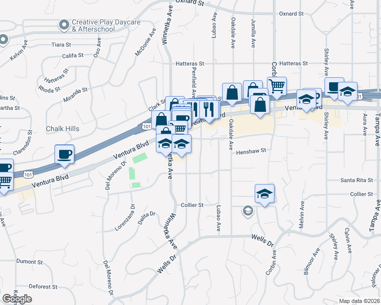 map of restaurants, bars, coffee shops, grocery stores, and more near 5463 Penfield Avenue in Los Angeles