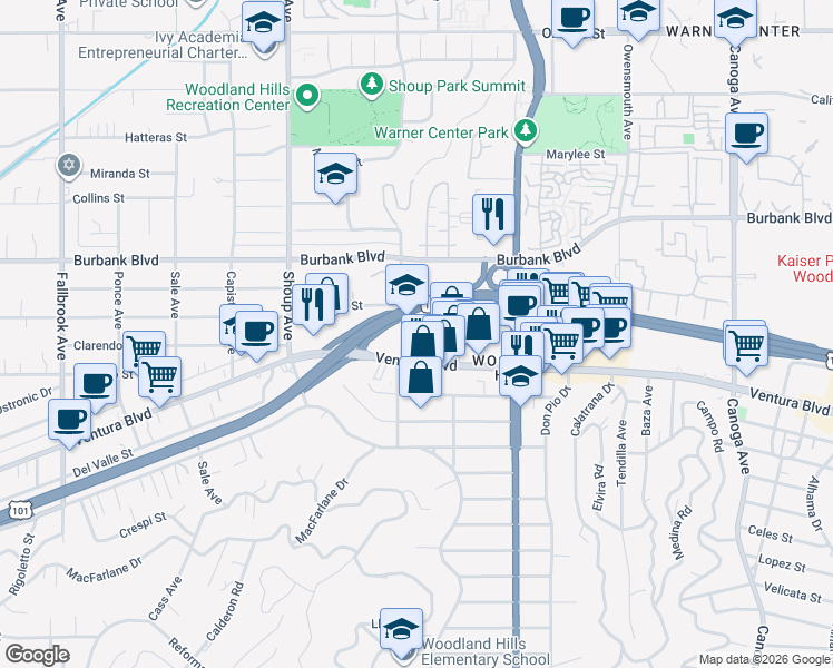 map of restaurants, bars, coffee shops, grocery stores, and more near in Los Angeles