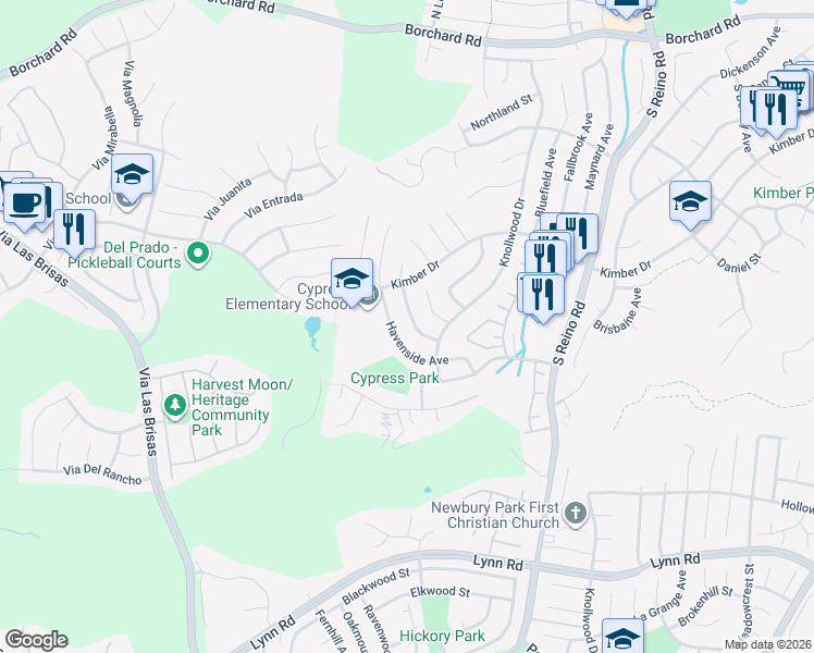 map of restaurants, bars, coffee shops, grocery stores, and more near 491 South Danville Avenue in Thousand Oaks