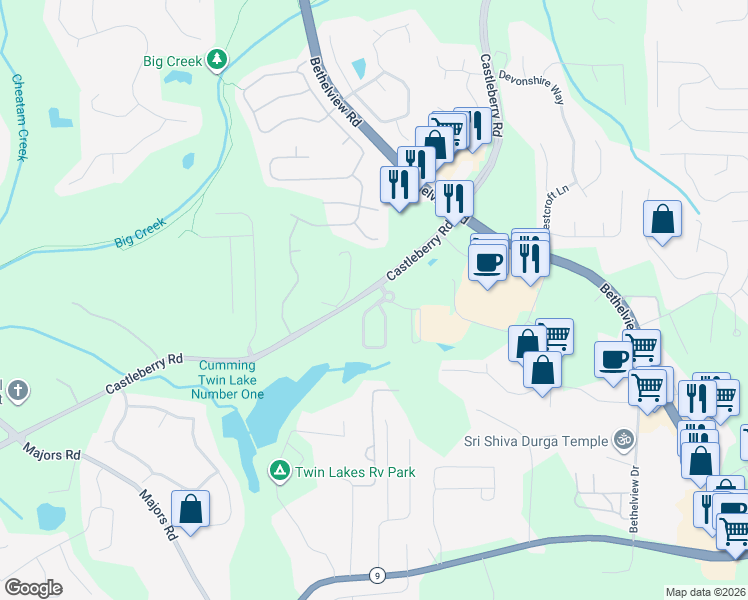 map of restaurants, bars, coffee shops, grocery stores, and more near 5820 Redstone Way in Cumming