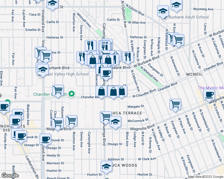 map of restaurants, bars, coffee shops, grocery stores, and more near Auckland Avenue in Los Angeles