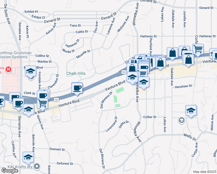 map of restaurants, bars, coffee shops, grocery stores, and more near 20251 Ventura Boulevard in Los Angeles