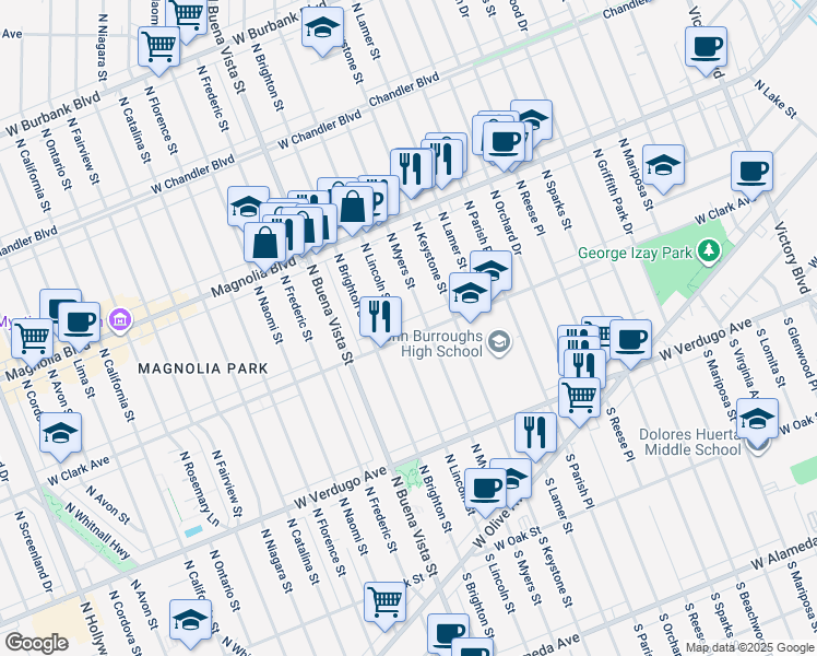 map of restaurants, bars, coffee shops, grocery stores, and more near 2219 West Clark Avenue in Burbank