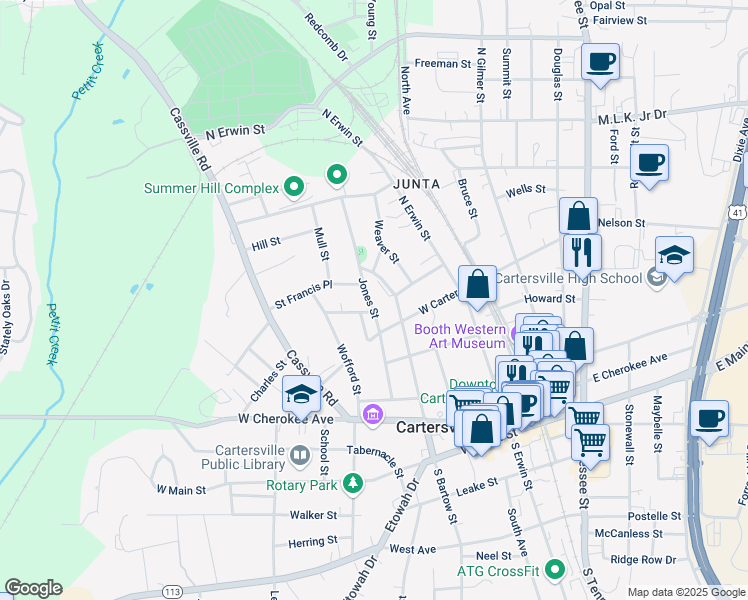 map of restaurants, bars, coffee shops, grocery stores, and more near 109 Jones Street in Cartersville