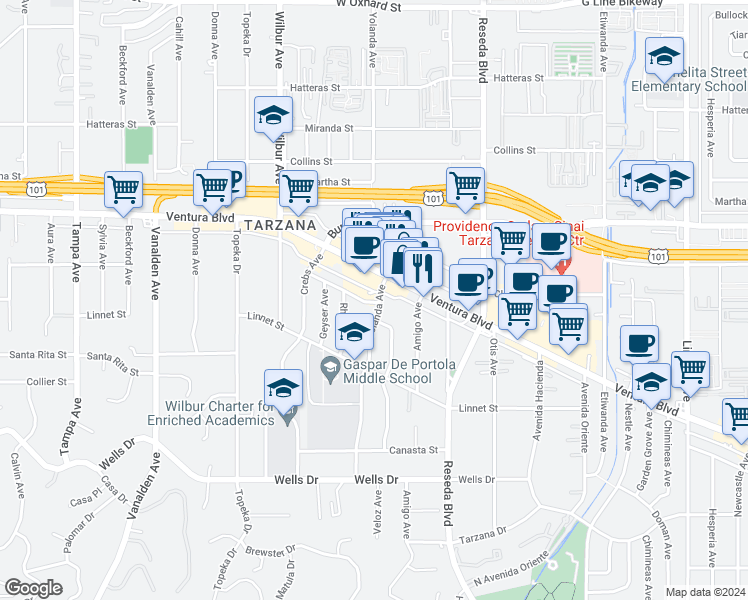 map of restaurants, bars, coffee shops, grocery stores, and more near 18703 Redwing Street in Los Angeles
