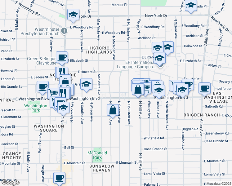 map of restaurants, bars, coffee shops, grocery stores, and more near 4 Dane Alley in Pasadena