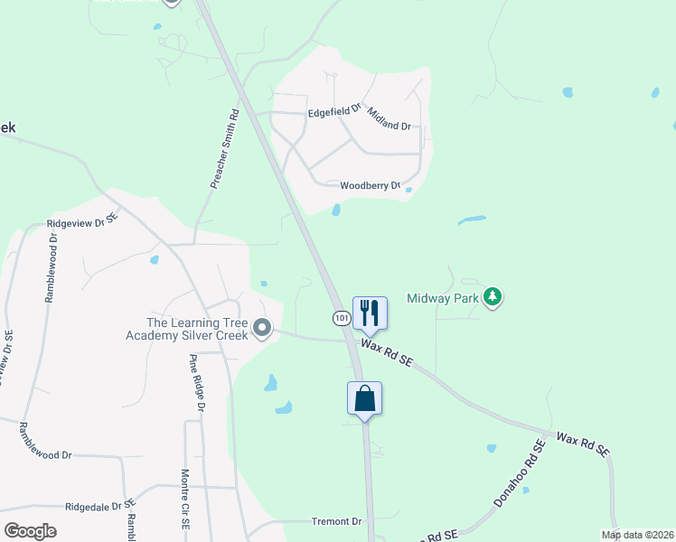 map of restaurants, bars, coffee shops, grocery stores, and more near 4353 Rockmart Road Southeast in Silver Creek