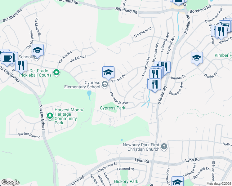 map of restaurants, bars, coffee shops, grocery stores, and more near 491 South Danville Avenue in Thousand Oaks