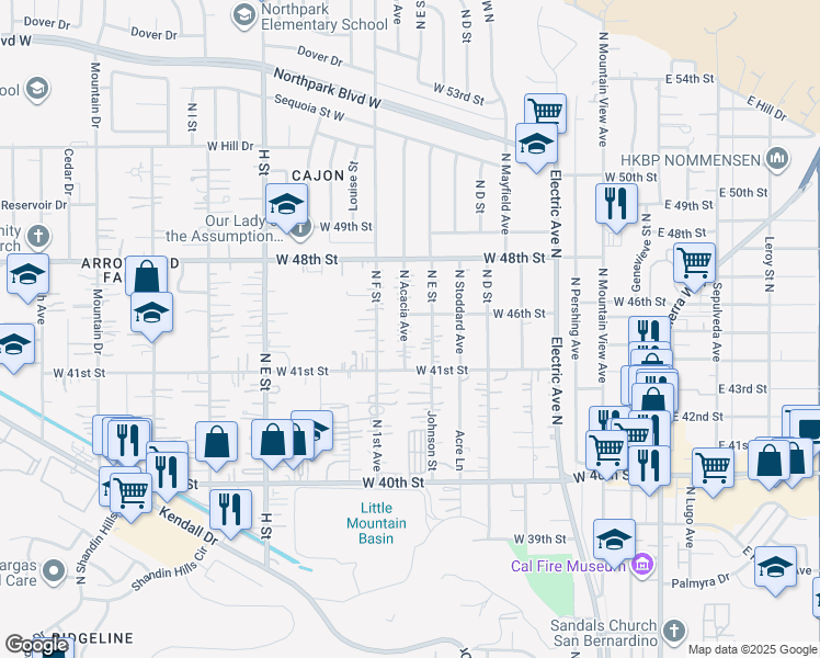 map of restaurants, bars, coffee shops, grocery stores, and more near 4555 North Acacia Avenue in San Bernardino