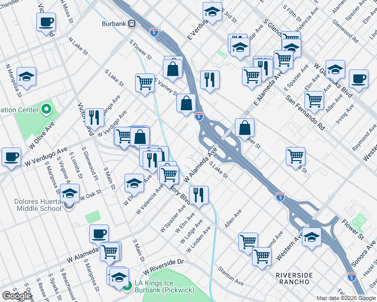 map of restaurants, bars, coffee shops, grocery stores, and more near 210 West Ash Avenue in Burbank