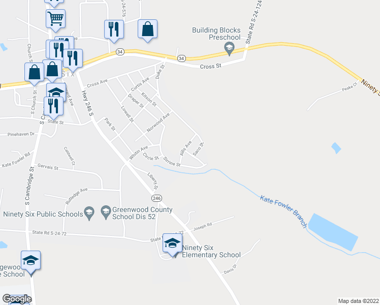 map of restaurants, bars, coffee shops, grocery stores, and more near 101 Spring Street in Ninety Six