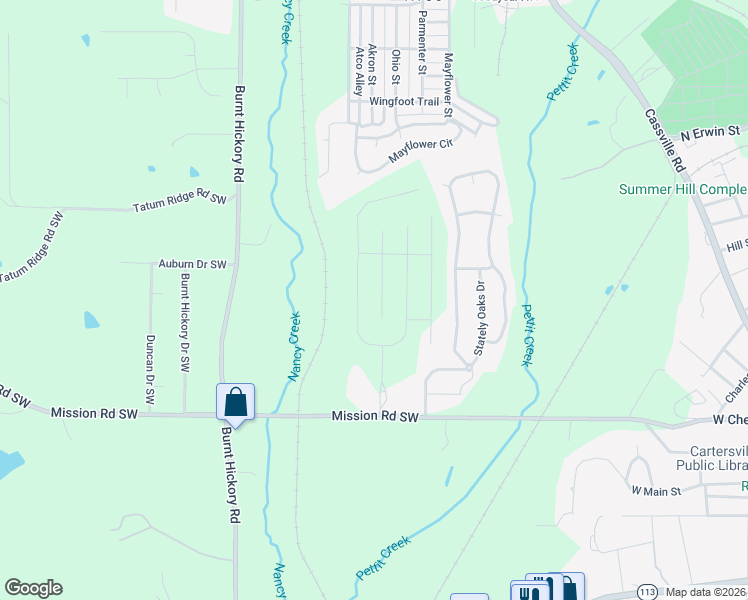 map of restaurants, bars, coffee shops, grocery stores, and more near 496 Mission Road Southeast in Cartersville